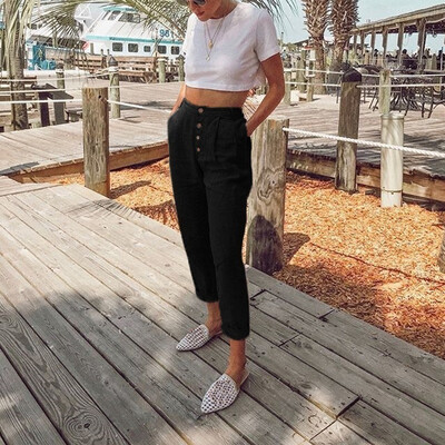

Women High Waist Long Pants Solid Color Button Casual Pencil Pocket Trousers