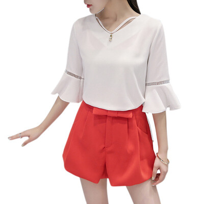 

Women Blouses Shirt Hollow Out Pearl Blouse Tops For Shirt Casual Flare Sleeve Work Blusas White Pink