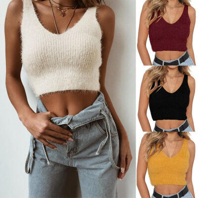 

Ladies Women&39s Vintage Short Crop Top V Neck Knitted Short Sleeve Mohair Vest