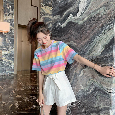 

New Korean T Shirt Women Summer Fashion Colorful Striped Top Women Short Sleeve O Neck Casual T-shirts