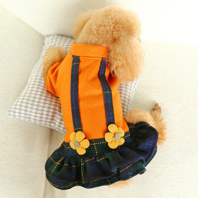 

Yellow Flower Plaids Dog Dress Suspender Skirt Pet Winter Warm Fashion Woolen Dress Fake Suspender Skirt Pet Cute