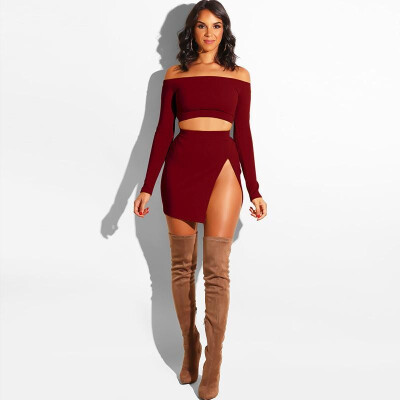 

Women Two Piece Set Crop Top Skirt Off Shoulder High Waist Split Mini Bodycon Sexy Night Clubwear