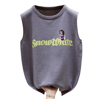 

Women Summer Casual Sleeveless O-Neck Pullover Letter & Cartoon Print Slim Knitted Female Tank Top