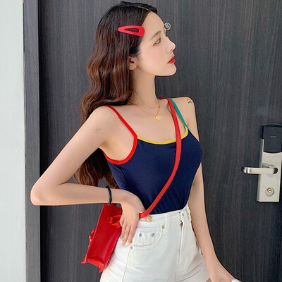 

Preppy Style Rainbow Color Stitching Sling Tops