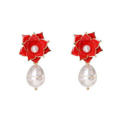 

women sweet red girl heart flower earrings fringed pearl earrings jewelry fabric pink flower earrings party earrings gift