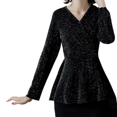 

Fashion Women Long Sleeve V Neck Tunic Solid Slim Ruffles Tops Plus Size