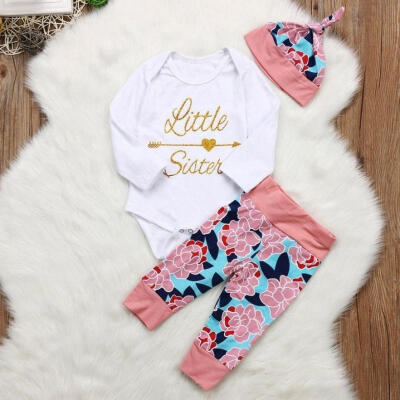 

Newborn Baby Girls Cotton Bodysuit Romper Flower Pants 3Pcs Outfits Set Clothes