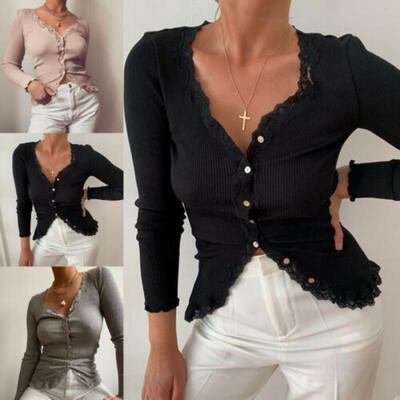 

Womens V Neck Long Sleeve Knitted Sweater Ladies Jumper Pullover Tops Blouse NEW