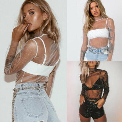 

Fashion Women Transparent Mesh Sheer Tops Long Sleeve T-Shirt Blouse Tee Top