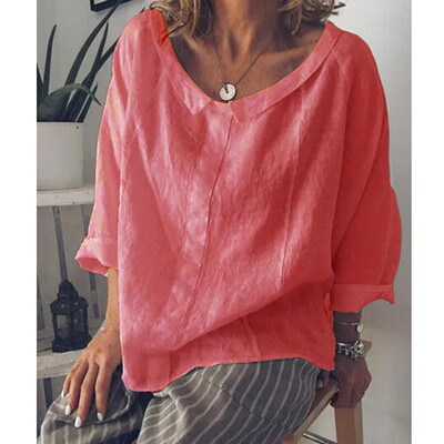 

Roseonmyhand Women Fashion Plus Size Solid Casual Linen Turtleneck Blouse T-Shirt