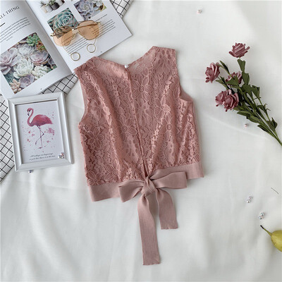 

Womens Sleeveless O Neck Solid Casual Lace Up Backless Lace Stitching T-Shirt