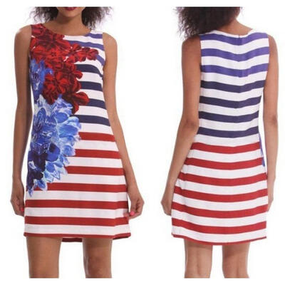

Summer Women Floral Slim Colorful Blue Red Striped Short Mini Party Dress