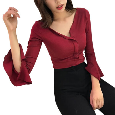 

Women Summer New Fashion Long-sleeved T-shirt Solid Color Ruffled Short Section Slim Slimming Shirt V-neck Irregular Top