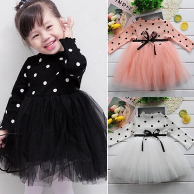 

0-4T Newborn Toddler Kids Baby Girls Long Sleeve Knitting Skirt Dot Lace Tutu Dress
