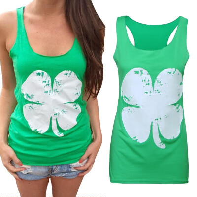 

New Fashion Summer Women Vest Tank T-shirt Leaf Print O-Neck Sleeveless Pullover Casual Top Green