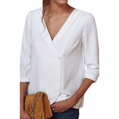 

Solid color V-neck button seven-point sleeve tooling white-collar professional womens shirt