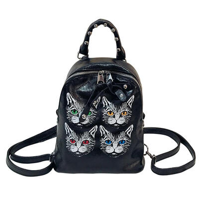 

Cat Print Travel Backpacks Women Shoulder Bags PU Leather Bright Knapsack