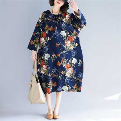 

Vintage Women Cotton Linen Dress O Neck Raglan Three Quarter Sleeve Print Pockets Casual Plus Size Loose Midi Dress