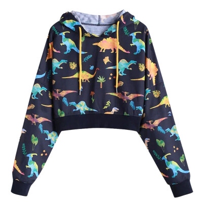 

Toponeto Womens Casual Dinosaur Print Long Sleeve Hooded Pullover Short Sweatshirt