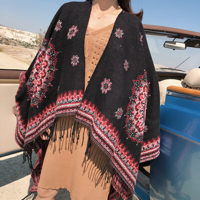 

Autumn&winter Qinghai Tibet tourism warm thick knit faux cashmere split long shawl ladies cloak shawl