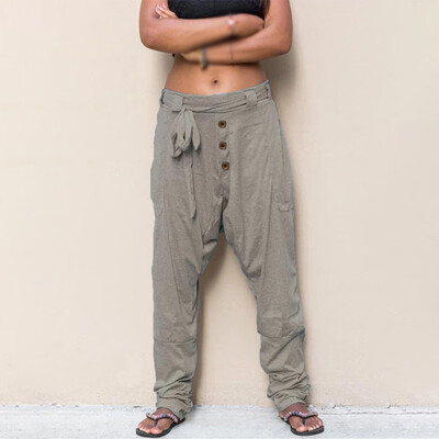 

Ladies Casual Mid Rise Loose Trousers Lace Up Solid Harem Drop Crotch Yoga Pants
