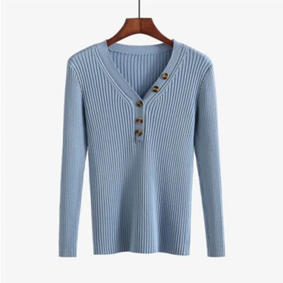 

New Fashion Button V-neck Sweater Women Spring Autumn Solid Knitted Pullover Women Slim Soft Jumper Sweater Female Knit Tops
