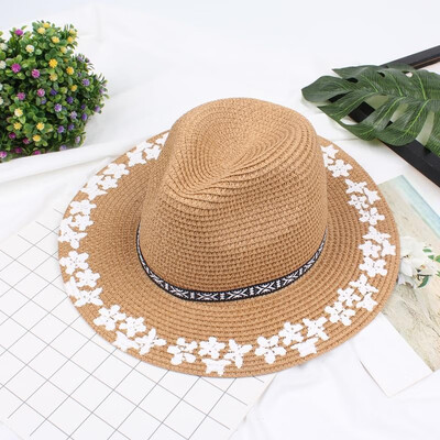 

Women Summer Sunhat Straw Wide Brim Flower Print Adjustable Summer Panama Beach Holiday Cap