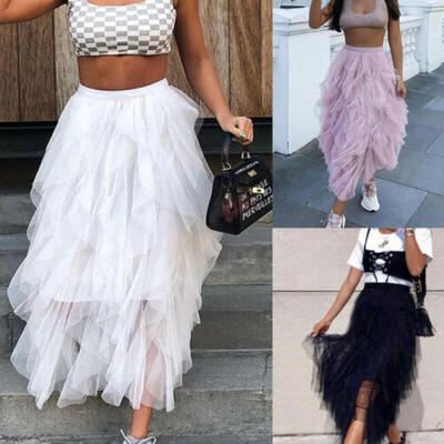 

Womens Double Layers Tulle Pleated Retro Long Maxi Dress Elastic Waist Skirt USA