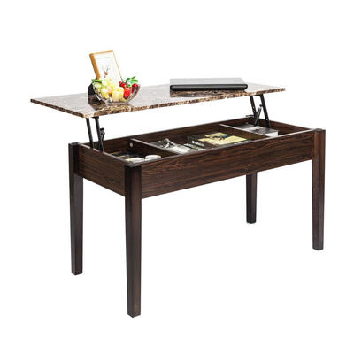

Faux Marble Lift Top Coffee Table Solid Wood w Hidden Storage Space Shelves