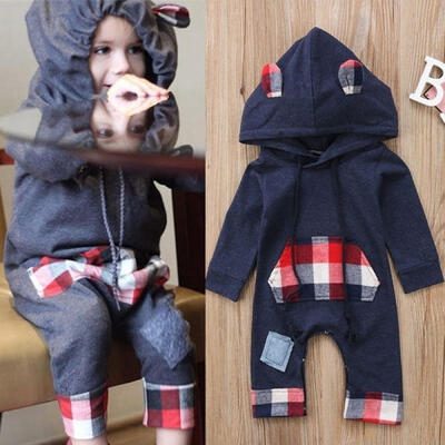 

Newborn Baby KIDS Boys Girls Grid Hooded Romper Bodysuit Jumpsuit Playsuit Outfits Sets