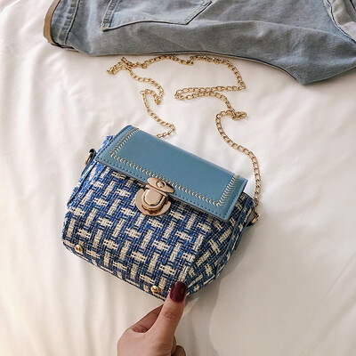 

2019 new simple contrast color woven bag fashion casual wild shoulder bag female Sen temperament chain Messenger bag
