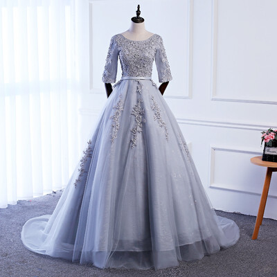 

Sexy A Line O Neck Appliques Grey Evening Dress Real Photos Long Floor Length Tulle Evening Gowns Party Prom Dress