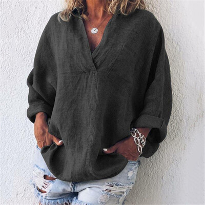 

Women V Neck Casual Loose Long Sleeve Blouse Cotton Linen T Shirt Tops Summer