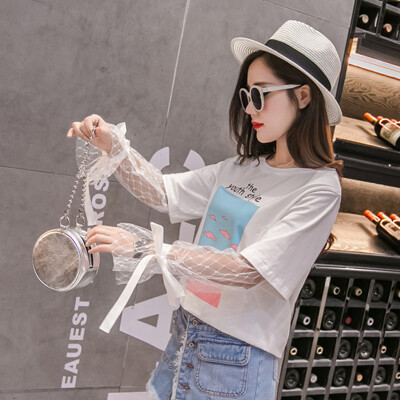 

Women Spring Summer Sweet Bud Silk Screen Horn Sleeves Stitching Printing Anti-Mite Fake Two-Piece Shirt