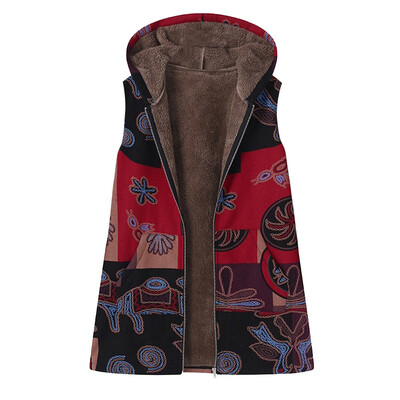 

Toponeto Plus Size Women Hooded Sleeveless Cotton Linen Fluffy Fur Zipper Ves Coat