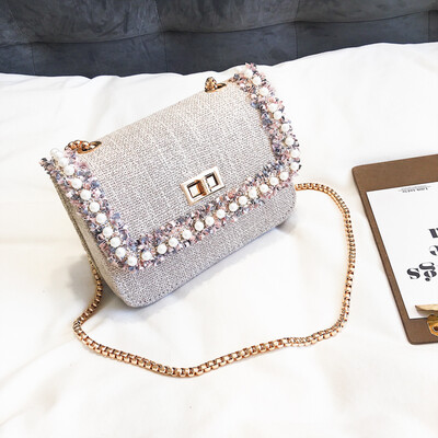 

Summer mini bag women 2019 new cotton&linen Pearl slung womens bag ins super fire Joker chain shoulder