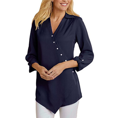 

Women Shirts Blouses Long Sleeve V Neck Solid Asymmetric Buttons Chiffon Blouse Tops V-Neck Office Style Blusas