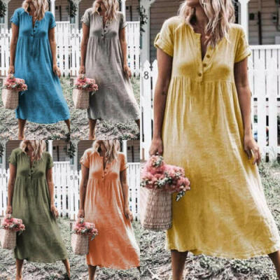 

Women Cotton Linen Midi Dress Short Sleeve Casual Boho Kaftan Tunic Plus Size