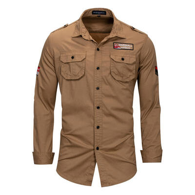 

Male Military Shirt Men Turn-down Collar Zipper Shirts Long Sleeve Casual Cotton Shirt