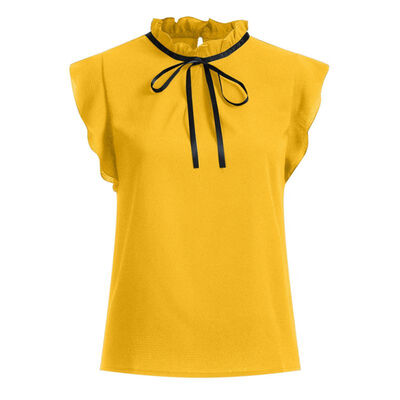 

Womens Short Sleeve Turtleneck Solid Bow Ruffles Chiffon Blouse