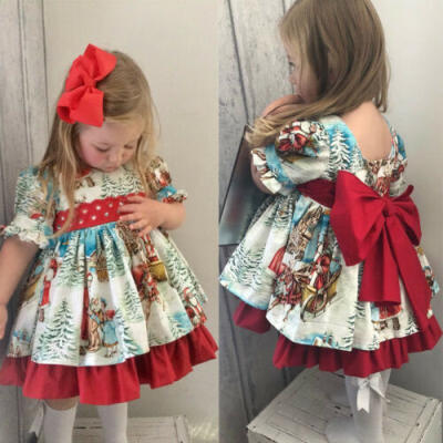 

Kids Baby Girl Christmas Princess Dress Santa Claus Print Puff Sleeve Lace Dress