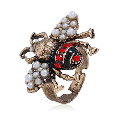 

Adjustable Ring Retro Bronze Honey Bee Pearls Charm Open Ring for Women