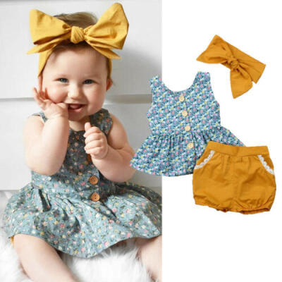 

Toddler Kids Baby Girls Clothes Sleeveless Tops Shorts Headband 3PCS Outfits Set