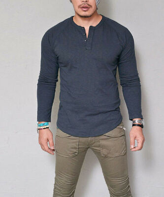 

Mens Slim Fit Long Sleeve Cotton T Shirt Casual V Neck Tops Muscle Tee