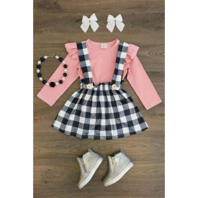 

Cute Kids Baby Girls Tops T-shirt Plaid Suspender Skirt Dress Outfit Clothes UK