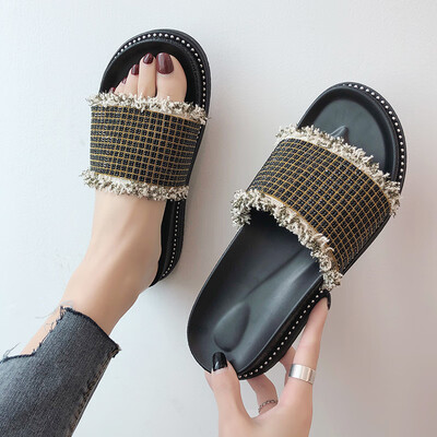 

Sandals women summer full drill muffin bottom toe word thick bottom drag lazy flat outdoor womens sandals
