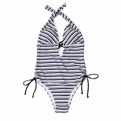 

One-piece swimsuit Womens blue white striped V-neck swimsuit