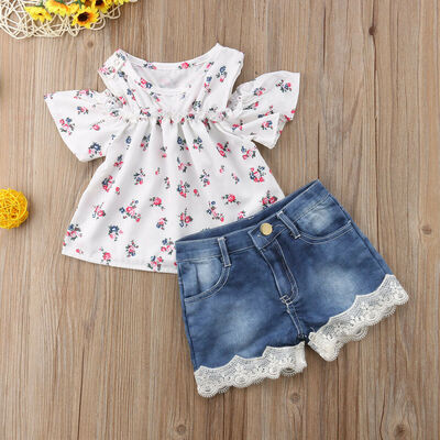 

Canis Newborn Kids Baby Girls T-shirt Tops Denim Lace Pants Outfits Clothes Set