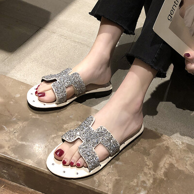 

Flat slippers female summer wear ins sandals Korean rhinestone Joker Beach shoes