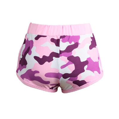 

New Fashion Women Camo Sport Shorts Contrast Binding Split Side Elastic Waist Yoga Fitness Running Gym Shorts PinkBlack